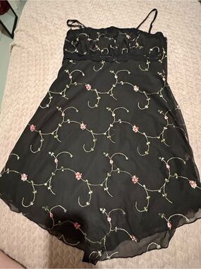 Lucky Brand Black Mini Dress with Pink & Green Embroidery